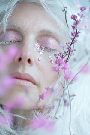 A senior Caucasian woman with soft pink and lavender eyeshadow and small crystals placed under her eyes, giving her a gentle, whimsical appearance. The delicate colors create a serene, dream-like look.の素材