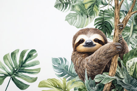 A detailed watercolor of a sloth hanging from a branch, nestled in tropical leaves and vines. The sloth brown fur and gentle expression are carefully painted, isolated on a white background for tropical nature designs.の素材
