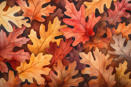 A detailed watercolor illustration of realistic fall oak leaves in warm autumn colors, showing shades of orange, red, and yellow. The leaves are intricately painted to capture the beauty of the season, perfect for a nature-inspired project.の素材