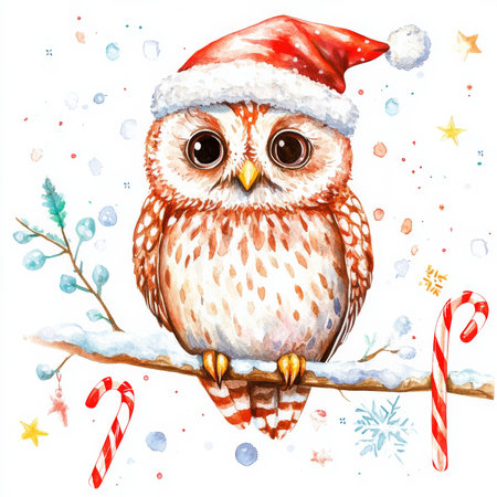 A playful watercolor owl with a Santa hat, surrounded by Christmas decorations like candy canes and stars. The hand-drawn owl sits on a branch covered in snow, making it ideal for a cheerful holiday card or winter poster.の素材
