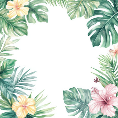 A beautiful tropical frame of watercolor palm leaves, monstera, and hibiscus flowers, creating an elegant border. This isolated design is perfect for crafting sale posters, wedding invitations, or party invites with a fresh, tropical vibe.の素材