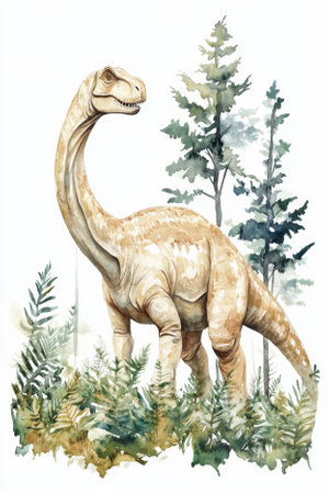 A majestic Apatosaurus painted in watercolor, grazing on the leaves of tall prehistoric trees, isolated on a white background. The dinosaur is perfect for encyclopedia-style dinosaur illustrations.の素材