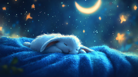 A delightful scene featuring a fluffy white bunny comfortably nestled on a blue blanket, enjoying a restful sleep. The night sky is filled with bright stars and a crescent moon, creating a peaceful and enchanting atmosphere for the serene moment.の素材