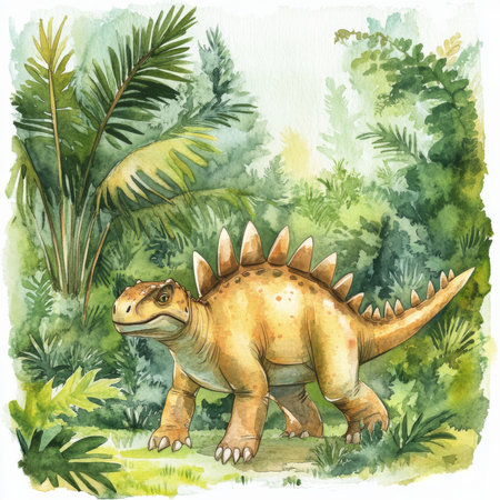A beautifully illustrated watercolor of a stegosaurus in a prehistoric setting, with lush greenery and palm fronds in the background. This hand-drawn clipart is perfect for educational materials and dinosaur-themed decor.の素材