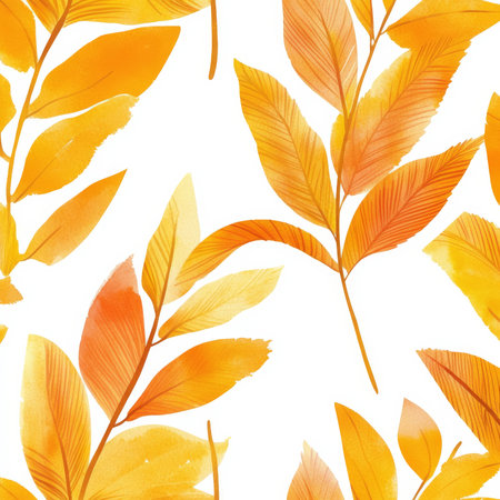 Bright tropical leaves in shades of yellow and orange, painted in soft watercolor strokes. The abstract dry leaves are set on an isolated white background, creating a striking yet minimalist design perfect for posters, wallpapers, or textile patterns.の素材
