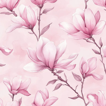 A charming seamless pattern showing exquisite watercolor magnolia flowers blooming in gentle shades of pink. The delicate hand-drawn illustrations are beautifully arranged on a soft pink background, ideal for spring-themed decor and textiles.の素材