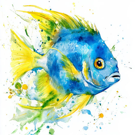 A vibrant watercolor painting of a tropical blue fish with splashes of yellow and green. The marine life is detailed with soft, flowing brushstrokes, set against an isolated white background, perfect for nautical-themed designs, prints, or clipart.の素材