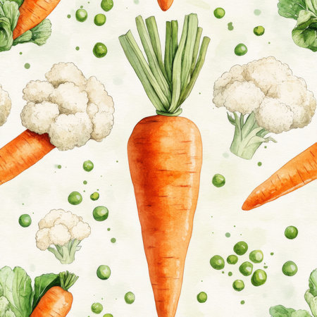 A seamless watercolor pattern of carrots, cauliflower, and peas, perfect for fresh and playful kitchen-themed fabric or wallpaper designs.の素材