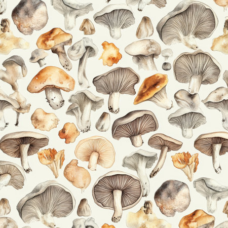 A seamless watercolor pattern featuring a variety of forest mushroomsの素材