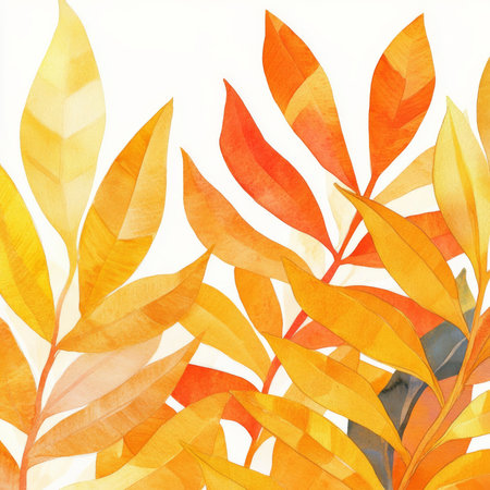 A watercolor abstract illustration of tropical leaves in bright yellow and orange tones, with dry, crisp edges. The bold, hand-drawn leaves stand out on a clean, white background, creating a lively and dynamic tropical composition.の素材