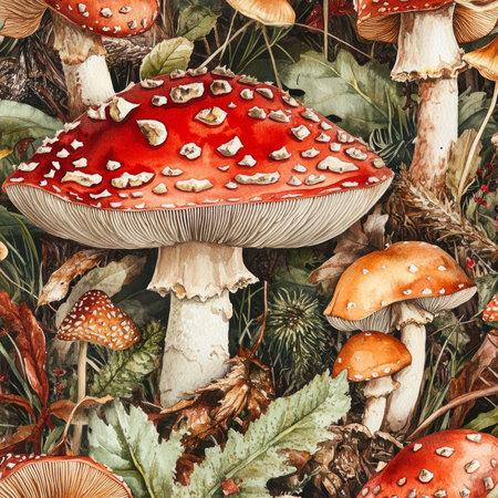 Watercolor mushrooms like fly agaric and morel in a realistic, seamless pattern. The delicate forest fungi are arranged naturally for a botanical design ideal for fabric, wallpaper, or textiles with a woodland theme.の素材