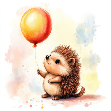 A cute hedgehog holding a bright balloon, sitting on an isolated background. Watercolor hand-drawn illustration of a toy hedgehog, great for playful children designs.の素材