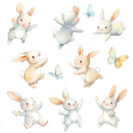 A fun watercolor illustration set of lively bunnies, each playing in different positions, hopping, and chasing butterflies. The soft pastel tones give a warm and joyful feel, perfect for clipart and children product designs on a white background.の素材