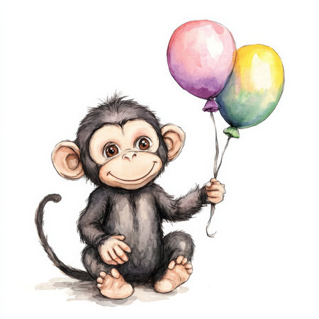 A charming little monkey holding a colorful balloon, sitting cheerfully on an isolated background. Watercolor hand-drawn illustration of a playful monkey toy, ideal for children's artwork.の素材