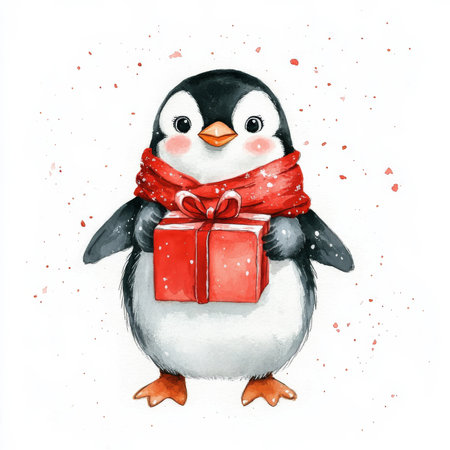 A festive watercolor illustration of a Christmas penguin wearing a red scarf and holding a tiny present. The hand-drawn penguin is set on a white background, making it ideal for holiday posters, cards, or seasonal decorations.の素材
