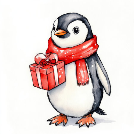 A festive watercolor illustration of a Christmas penguin wearing a red scarf and holding a tiny present. The hand-drawn penguin is set on a white background, making it ideal for holiday posters, cards, or seasonal decorations.の素材