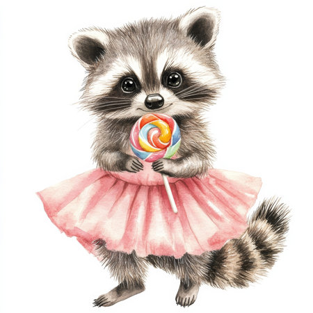 A little raccoon dressed in a pink skirt, holding a bright lollipop, sitting on an isolated white background. Watercolor hand-drawn illustration of a cute raccoon, perfect for children's room decor.の素材
