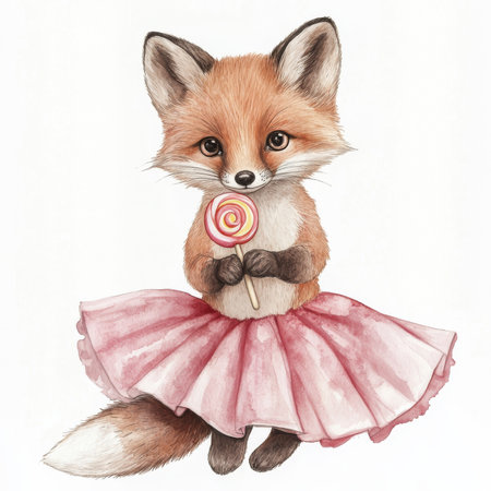 A charming fox cub dressed in a pink skirt, holding a bright lollipop, sitting on an isolated white background. Watercolor hand-drawn illustration of a cute fox, perfect for whimsical children designs.の素材