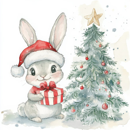 A playful Christmas bunny in a Santa Claus hat, holding a present, sitting next to a decorated Christmas tree. Watercolor illustration with soft, festive tones. Ideal for New Year and Christmas designs.の素材