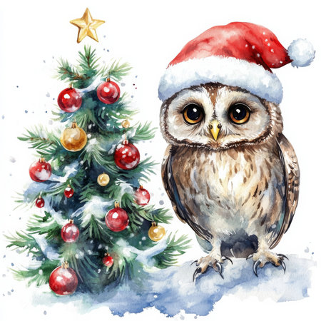 A charming watercolor Christmas owl wearing a Santa hat, perched next to a beautifully decorated Christmas tree. Ideal for Christmas and New Year designs with a festive, wintry theme.の素材