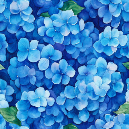 Seamless pattern of bright blue hydrangeas, hand-painted in watercolor. The clusters of flowers and their vibrant blue hues create a fresh and bold floral design, perfect for home textiles, wallpaper, or garden-themed decor.の素材