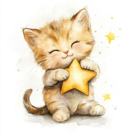A playful kitten hugging a shining star, sitting on an isolated white background. Watercolor hand-drawn illustration, ideal for nursery art and cute animal designs.の素材
