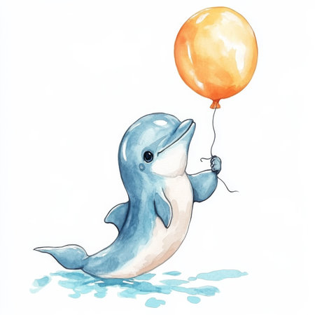 A sweet baby dolphin holding a bright balloon, sitting playfully on an isolated background. Watercolor hand-drawn illustration of a dolphin toy, perfect for fun children designs.の素材