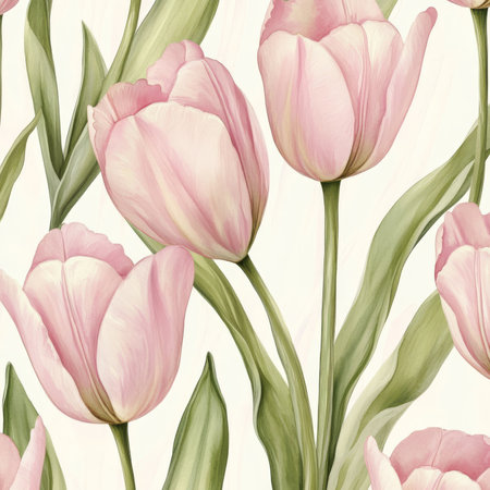 Seamless pattern with delicate pink tulips, hand-painted in watercolor. The soft floral design features gentle tulip blossoms in varying stages of bloom, creating a romantic and elegant botanical background perfect for textiles or garden-inspired projects.の素材