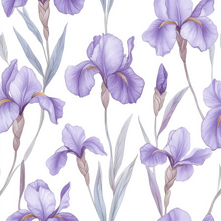 Watercolor seamless pattern featuring delicate purple irises, their elegant petals hand-drawn with precision. This floral design creates a sophisticated and calming botanical background, ideal for high-end fabrics, stationery, or garden-inspired decor.の素材