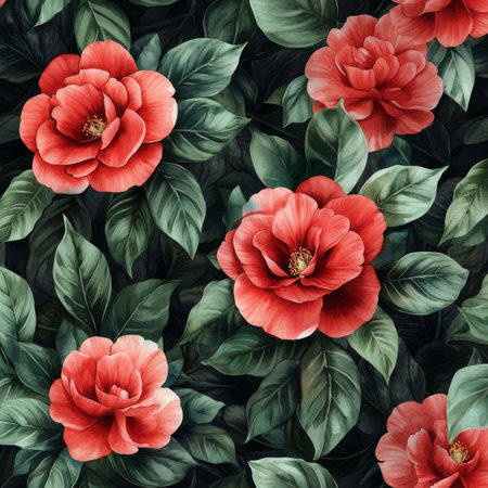 Watercolor seamless pattern featuring elegant red camellias, their lush petals and dark green leaves creating a bold floral design. This botanical background is perfect for luxury textiles, stationery, or garden-inspired decor.の素材