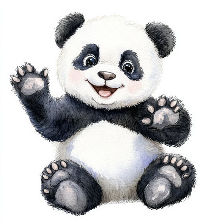 A watercolor illustration of an adorable panda bear sitting and playfully waving. The soft hand-drawn details capture the panda friendly nature, and the white isolated background makes it perfect for clipart or children art projects.の素材