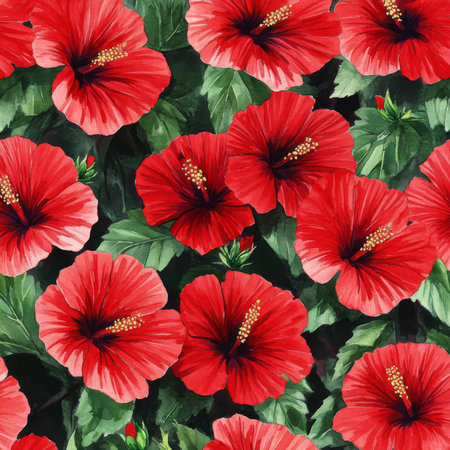 Seamless pattern of red hibiscus flowers, hand-painted in watercolor. The exotic floral design features bold hibiscus blooms and green leaves, creating a tropical botanical background perfect for summer projects or vacation-themed designs.の素材