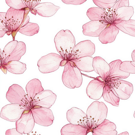 Watercolor seamless pattern of delicate pink cherry blossoms. The floral design showcases the beauty of the sakura tree with soft, hand-drawn petals, creating a serene botanical background perfect for spring-themed designs or stationery.の素材