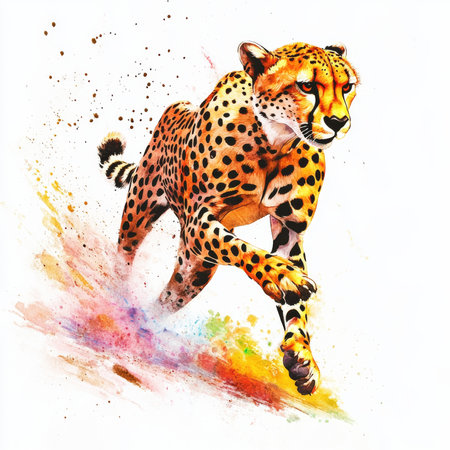 A vibrant cheetah in mid-sprint, showing its powerful physique and distinctive spots. This watercolor illustration captures the essence of speed, isolated on a white background for dramatic effect.の素材