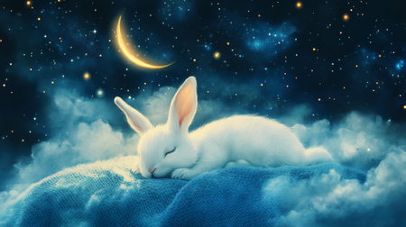 A charming depiction of a fluffy white bunny napping on a cozy blue blanket, surrounded by a tranquil night sky filled with twinkling stars and a shining crescent moon. The gentle light casts a serene ambiance over the sleeping bunny.の素材