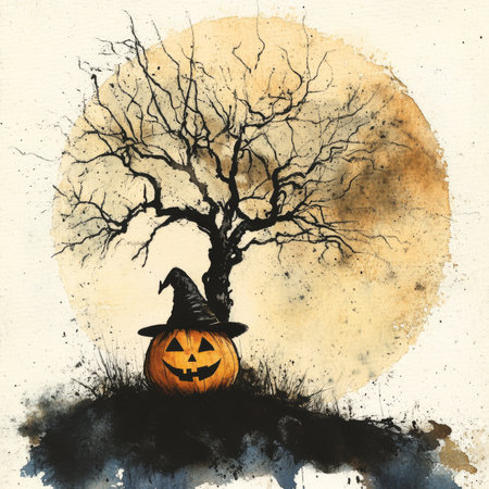 A hauntingly beautiful watercolor scene for a Halloween poster featuring a shadowy black tree silhouetted against a bright moon. A quirky pumpkin dressed in a witch hat rests at the tree's base, perfect for seasonal postcards or decor.の素材