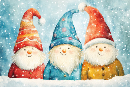 An enchanting watercolor depiction of cheerful gnomes bundled up for winter, each with unique hats and bright smiles. Isolated against a snowy backdrop, this adorable illustration captures the spirit of the season, perfect for holiday cards or decorations.の素材