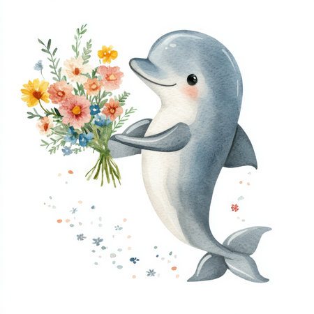 A playful dolphin holding a bouquet of flowers with a happy smile, watercolor handdrawn illustration on an isolated background. Cute design for kids' birthday invitations and nursery decor.の素材