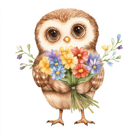 A playful little owl holding a bouquet of colorful flowers, watercolor handdrawn illustration on an isolated background. Perfect for kids' birthday invitations and room decor.の素材