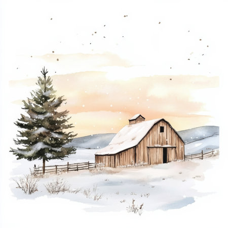 Watercolor Christmas postcard with a peaceful countryside winter scene, featuring a snowcovered barn, distant hills, and a soft winter sunset. Isolated white background for a holiday greeting.の素材