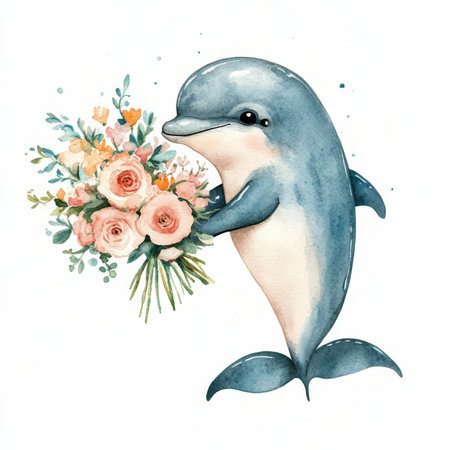 A playful dolphin holding a bouquet of flowers with a happy smile, watercolor handdrawn illustration on an isolated background. Cute design for kids' birthday invitations and nursery decor.の素材