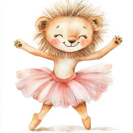 A playful lion cub ballerina in a soft pink tutu, dancing with a big smile, watercolor handdrawn illustration on an isolated background. Perfect for nursery art and children's gifts.の素材