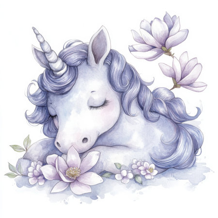 A cute unicorn with flowing mane and magnolia flowers gently resting on its back, watercolor handdrawn illustration on a clean white background. Perfect for magical and floralinspired designs.の素材