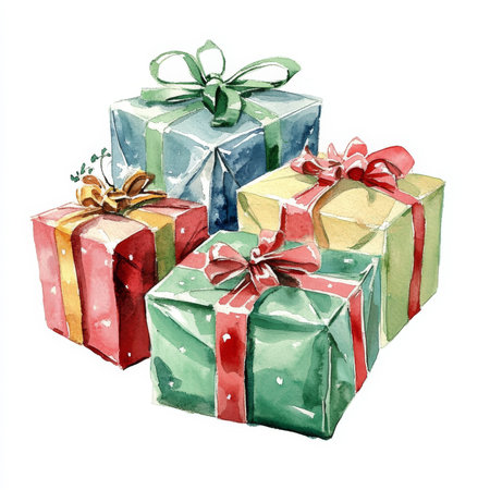 A charming watercolor scene of beautifully wrapped Christmas presents in traditional holiday colors, sitting on an isolated white background. The handpainted illustration is perfect for Christmas cards, posters, or seasonal decor.の素材