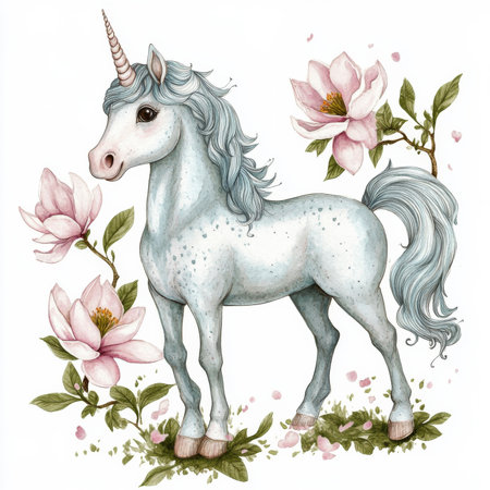 Watercolor illustration of a cute unicorn, with a mane intertwined with magnolia flowers, standing against an isolated white background. A whimsical, dreamlike scene for magical designs.の素材
