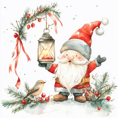 Watercolor Christmas scene featuring a cute gnome holding a lantern, with a tiny bird perched nearby, surrounded by festive decorations like ribbons and bells. Isolated on a white background for a charming holiday design.の素材