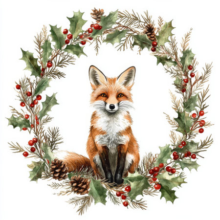Watercolor Christmas wreath adorned with holly and pine, encircling a majestic fox. The fox sits calmly in the center, surrounded by delicate winter leaves, berries, and pinecones, creating a cozy, festive illustration.の素材