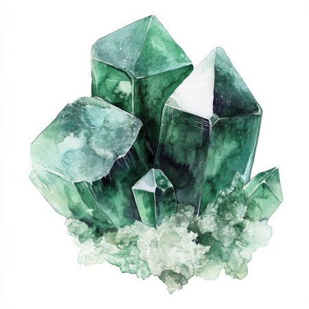 Elegant watercolor illustration of green crystals, with deep emerald tones and delicate light reflections. These intricately painted crystals are isolated on a white background, making them ideal for decor or artistic patterns.の素材