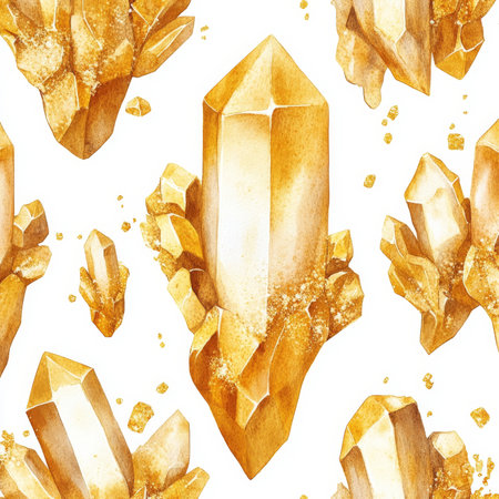 Gorgeous watercolor illustration of gold crystals, with shimmering metallic hues and intricate details. The luxurious golden color, isolated on a white background, makes this design perfect for upscale or decorative patterns.の素材