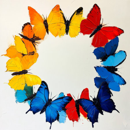 A stunning abstract composition of vibrant butterflies arranged in a perfect circle, painted with bold acrylic strokes. The butterflies, in varying shades of blue, yellow, and red, create a modern art piece, perfect for contemporary interior decor.の素材